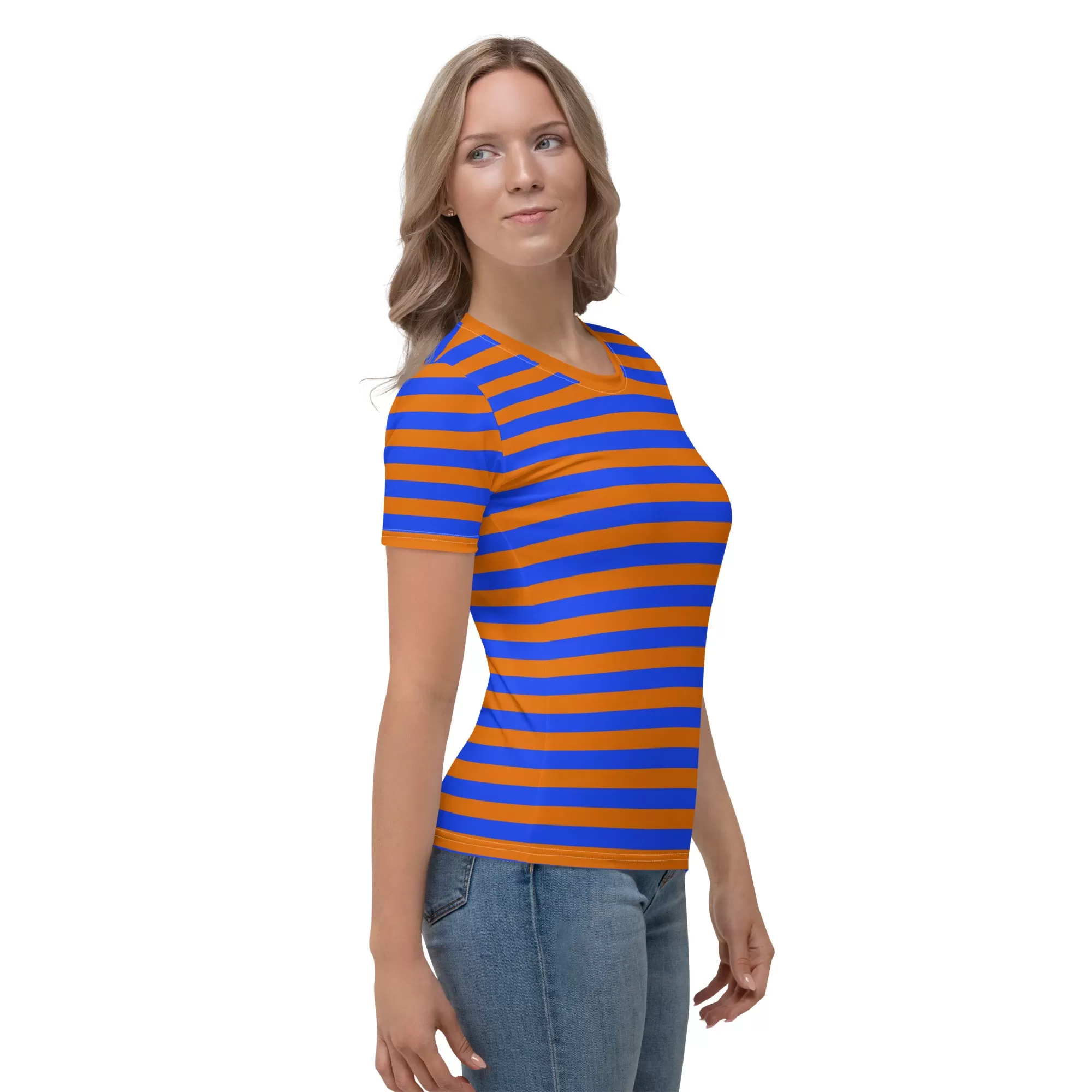 Blue Orange Striped T-Shirt For Women