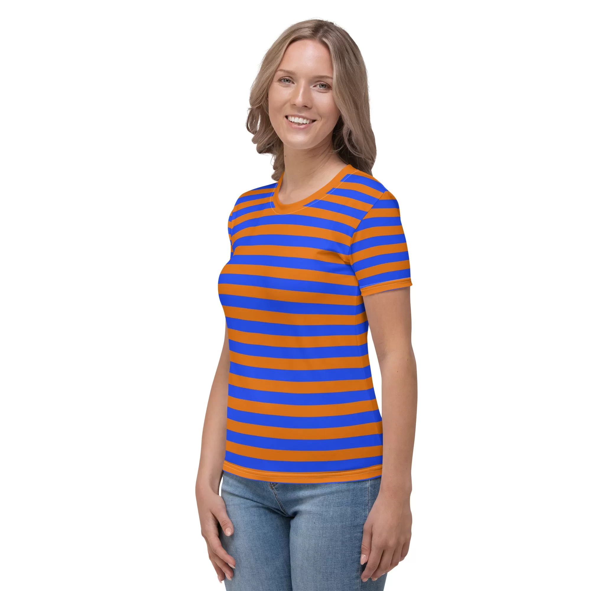 Blue Orange Striped T-Shirt For Women