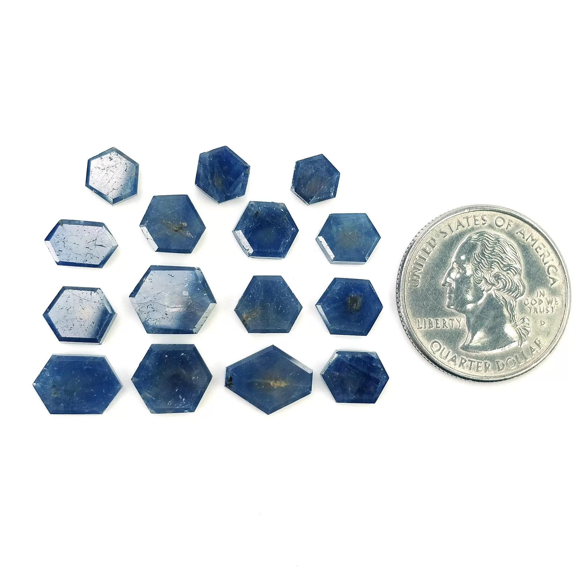 BLUE SAPPHIRE Gemstone Flat Slice : 35.60cts Natural Untreated Untreated Sapphire Hexagon Shape 6mm - 11*9mm 15pcs (With Video)