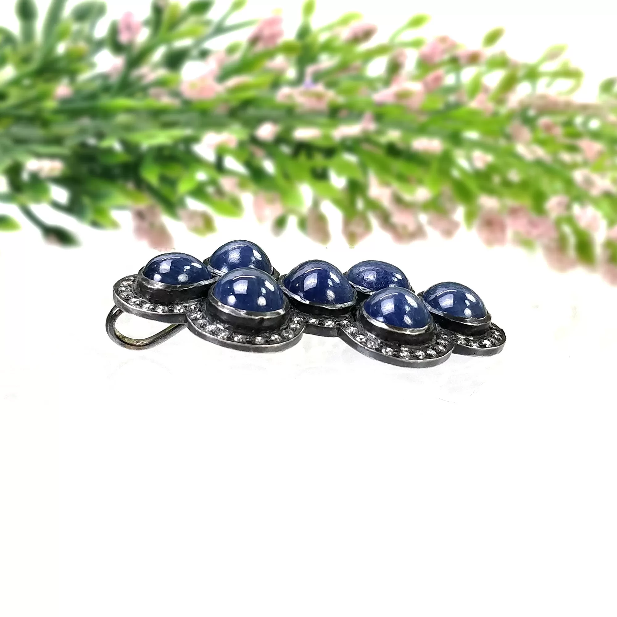 BLUE SAPPHIRE Gemstone With CZ Pendant: 17.01gms Natural Oval Cabochon 925 Sterling Silver Bezel Set Victorian Style Pendant 2"