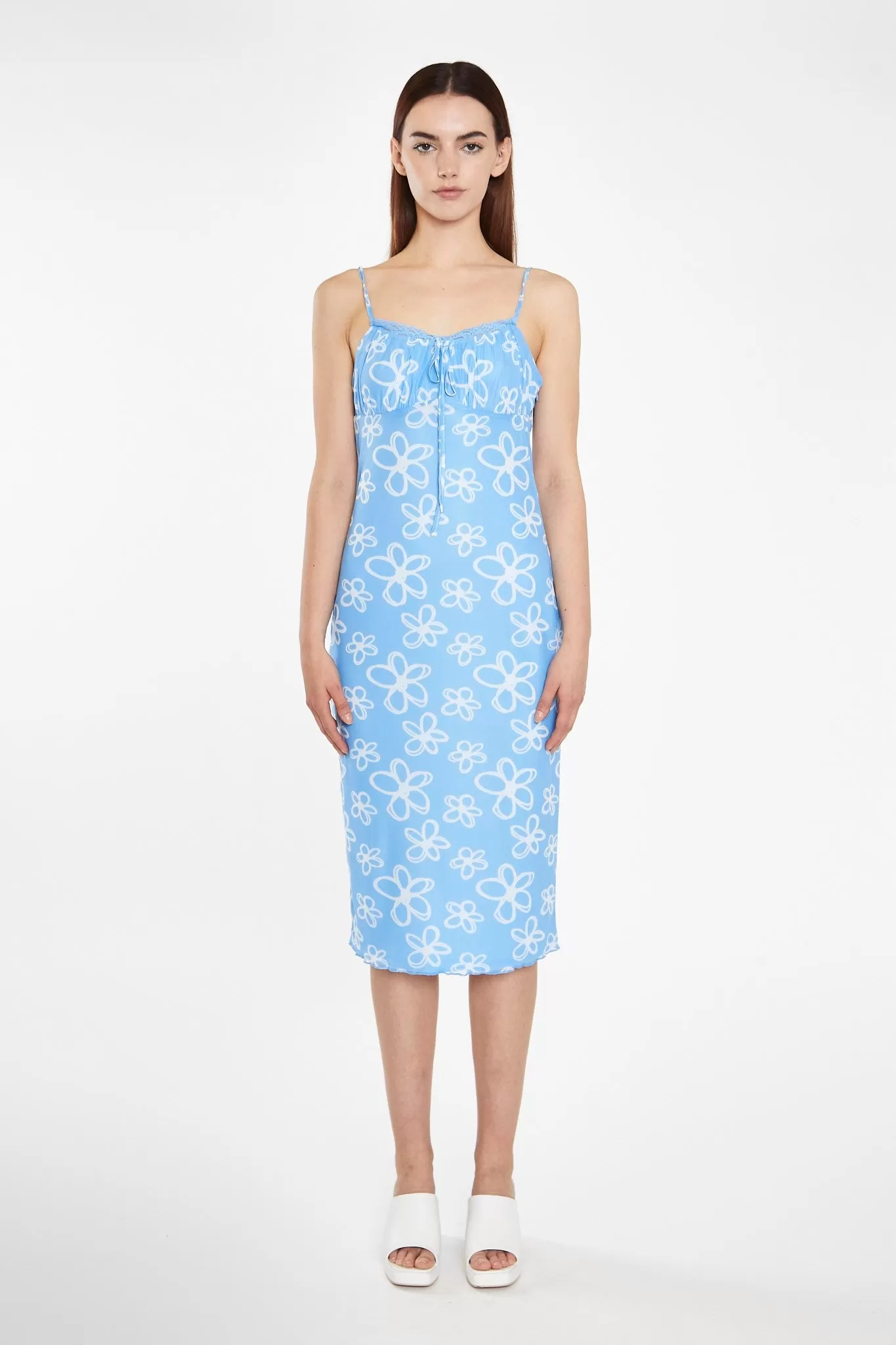 Blue Scribble-Daisy Mesh Strappy Gathered-Bust Midi-Dress