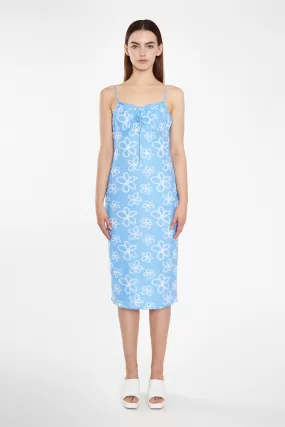 Blue Scribble-Daisy Mesh Strappy Gathered-Bust Midi-Dress