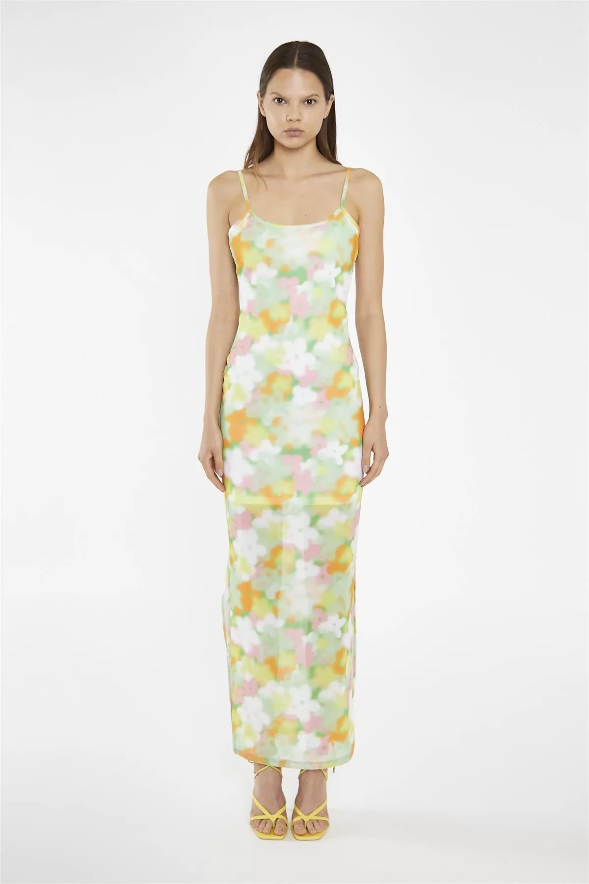 Blurred-Flower Mesh Bodycon Maxi-Dress