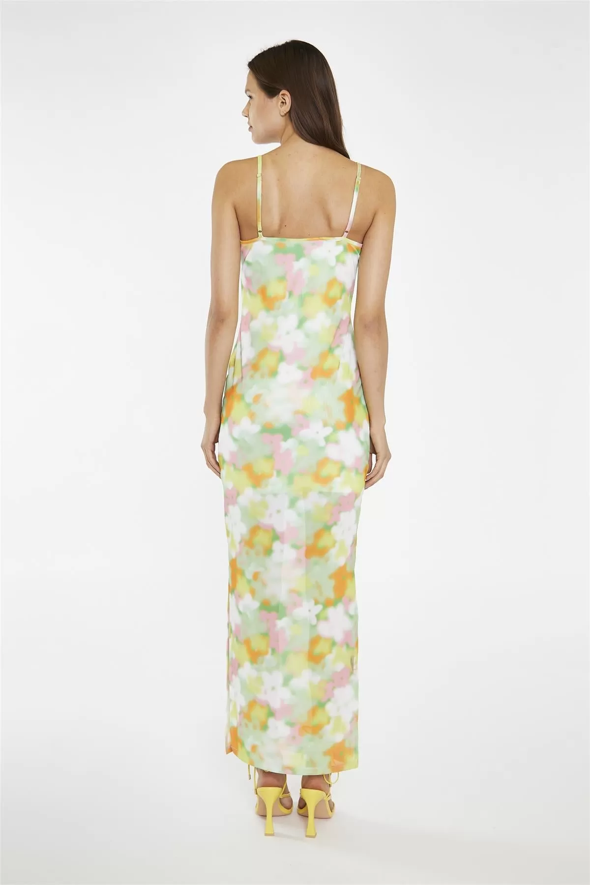 Blurred-Flower Mesh Bodycon Maxi-Dress