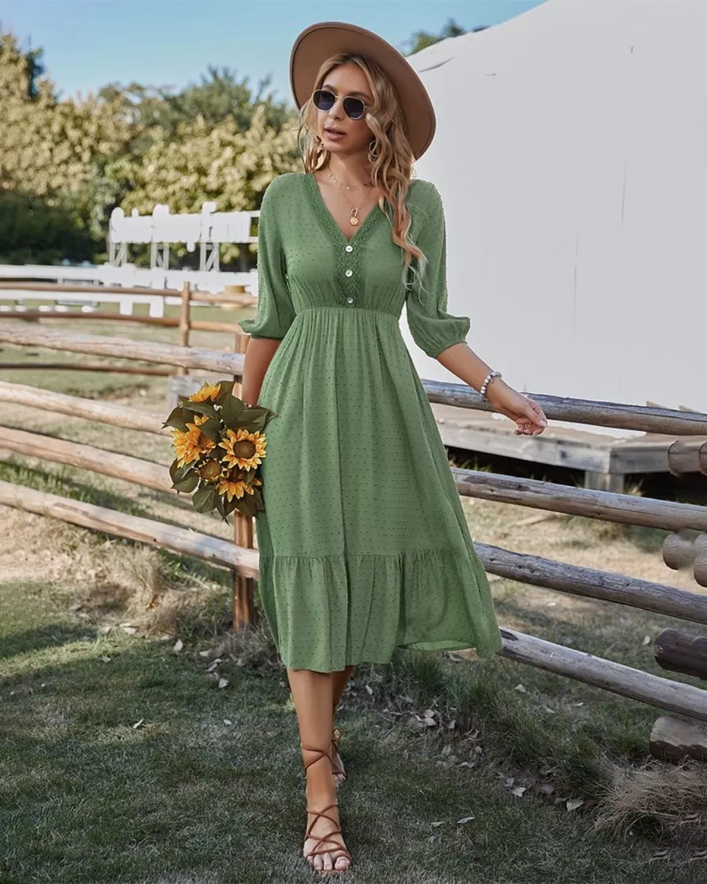 Brie V-neck Midi Dress - Khaki