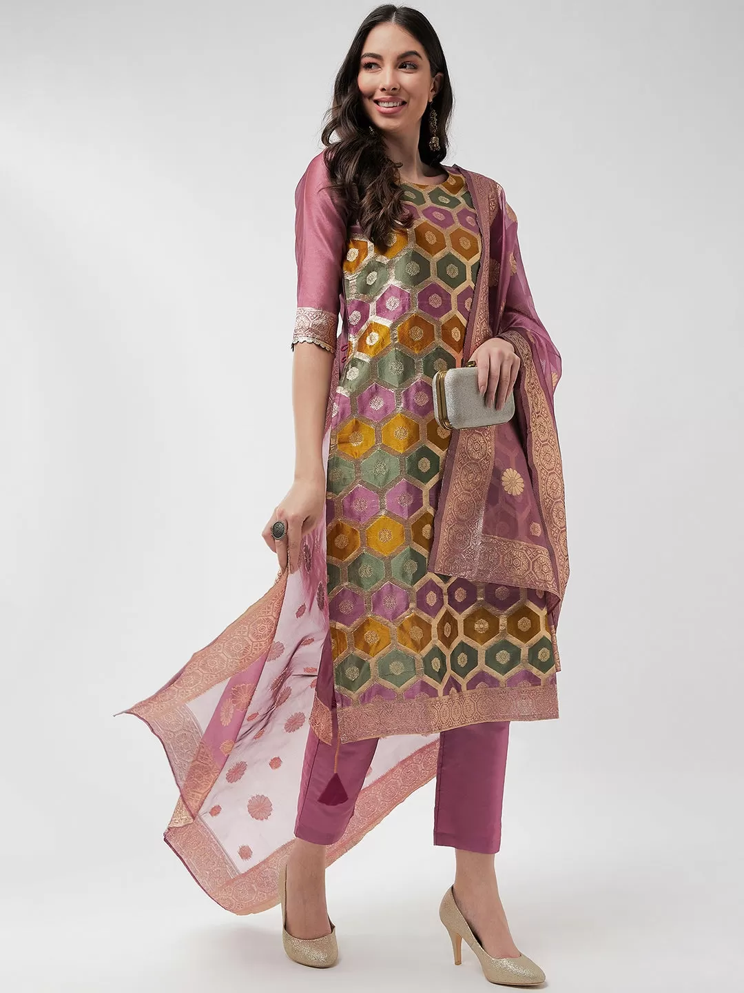 Brocade Jacquard Festive Kurta With Dupatta And Matching Pants