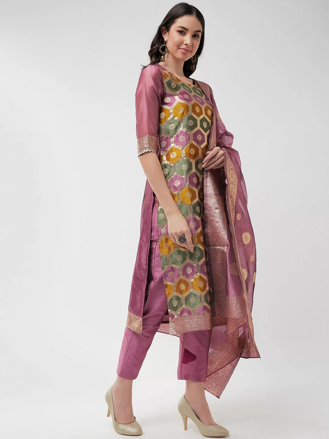 Brocade Jacquard Festive Kurta With Dupatta And Matching Pants