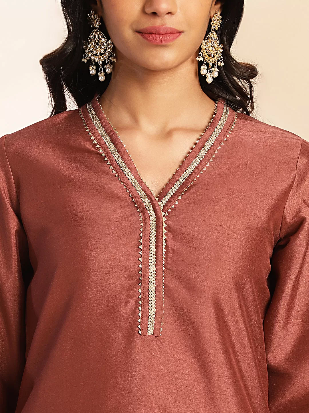 Brown Crepe Silk Yoke Design Straight Kurta Set