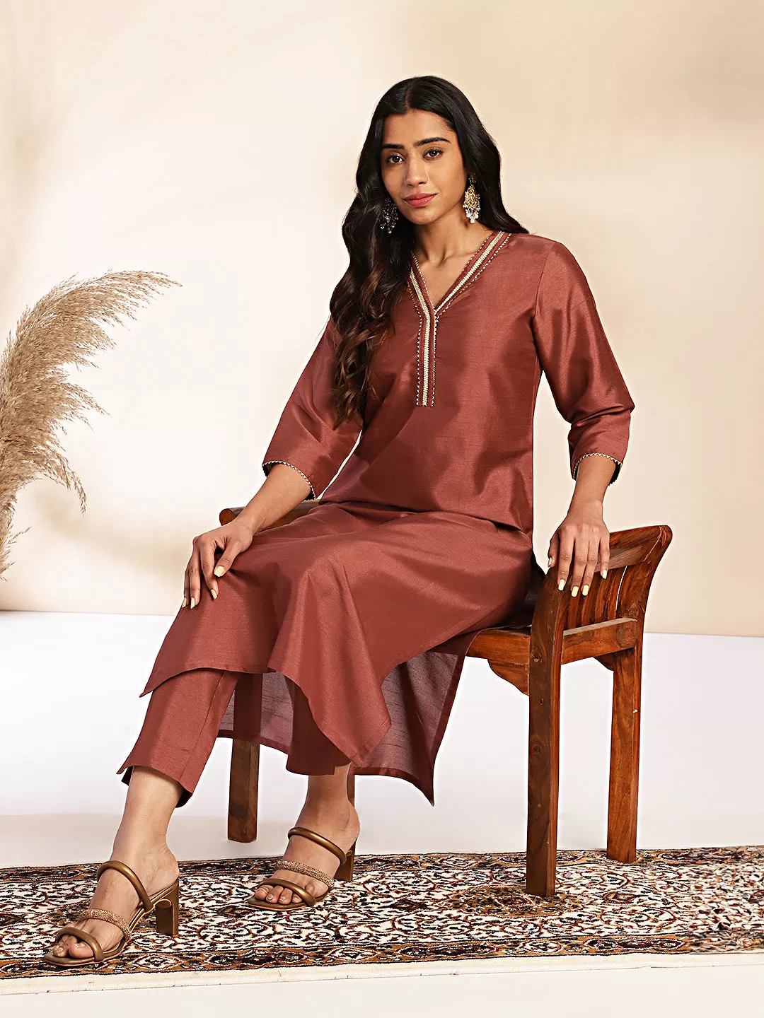 Brown Crepe Silk Yoke Design Straight Kurta Set