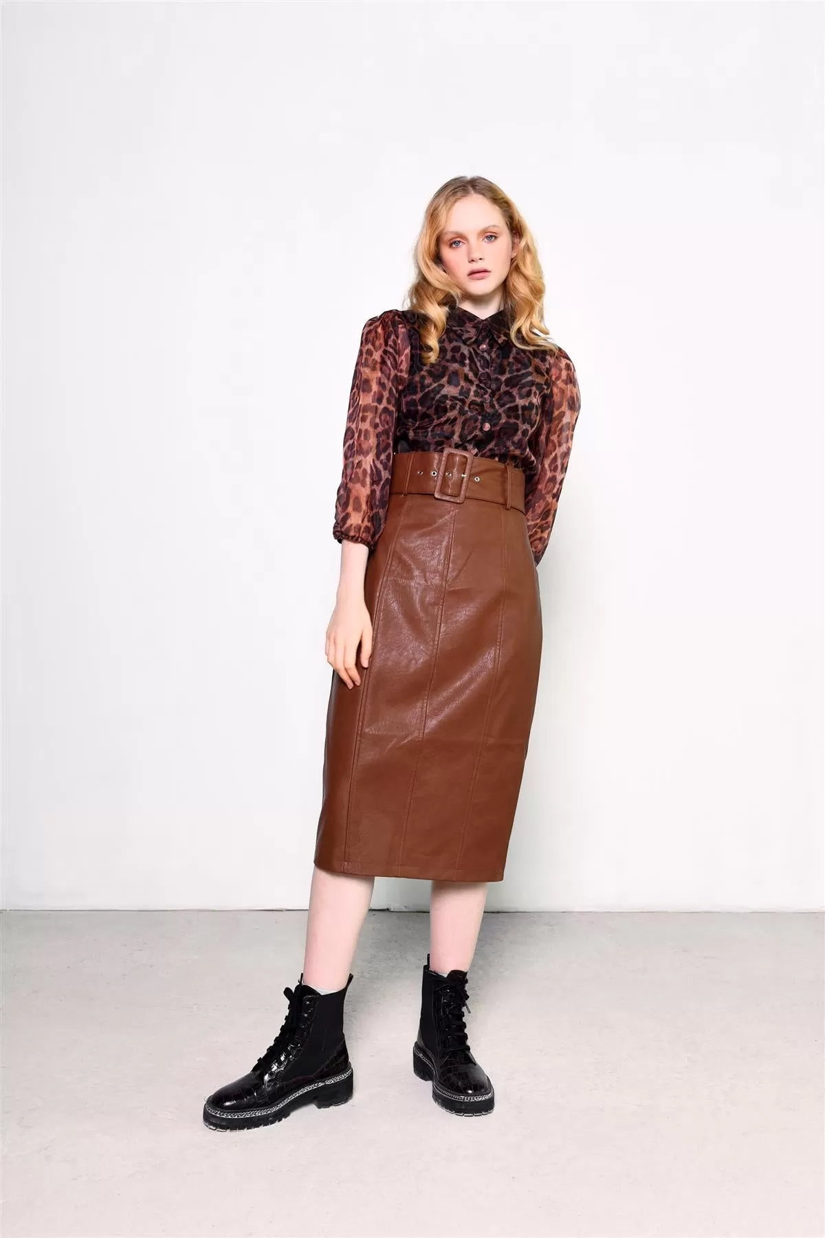 Brown-Pu Belted Midi-Skirt