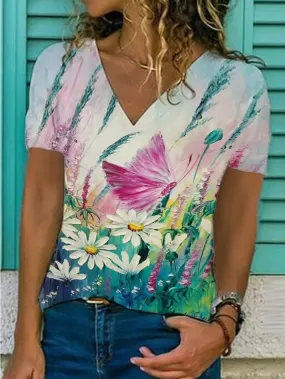 Butterfly Flower Print Loose V-neck Short Sleeve T-shirt