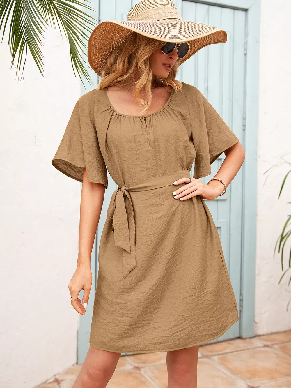 Butterfly Sleeve Belted Dress