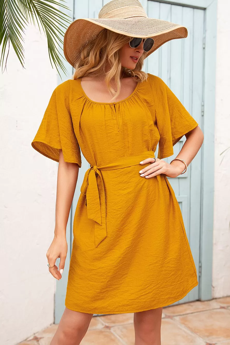 Butterfly Sleeve Belted Dress