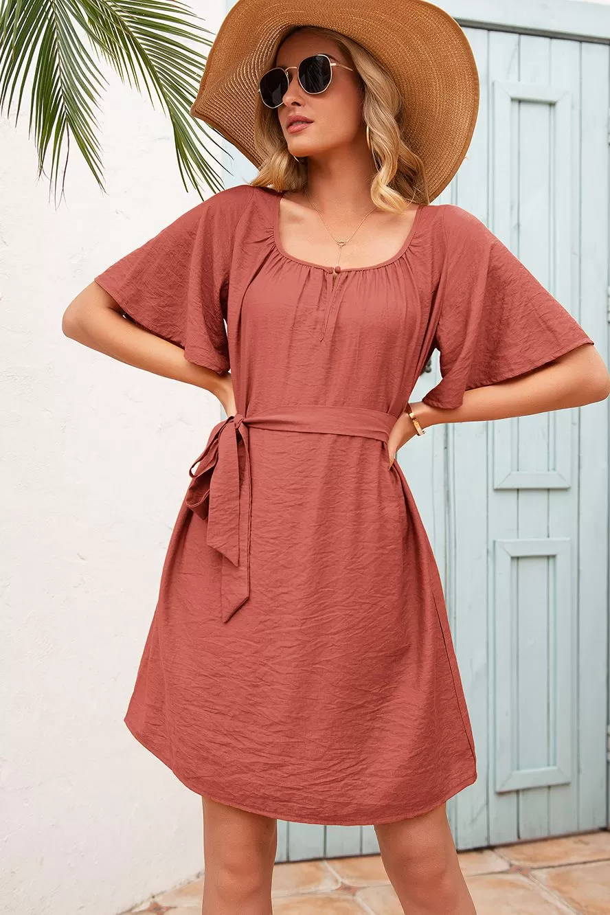 Butterfly Sleeve Belted Dress