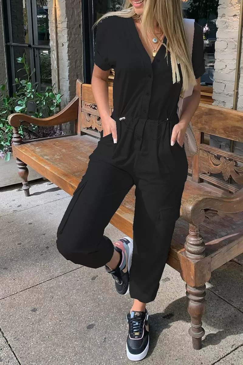 Button Drawstring Pockets Jogger Jumpsuit