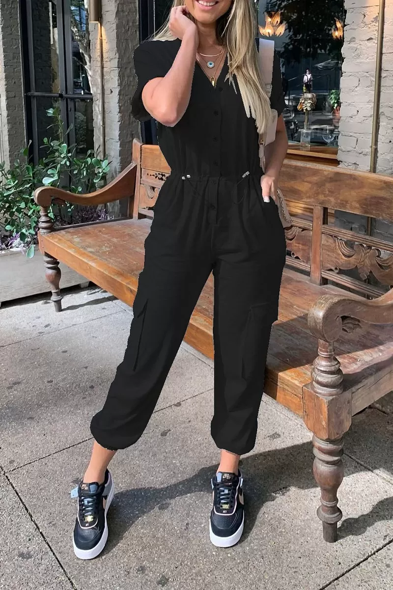 Button Drawstring Pockets Jogger Jumpsuit