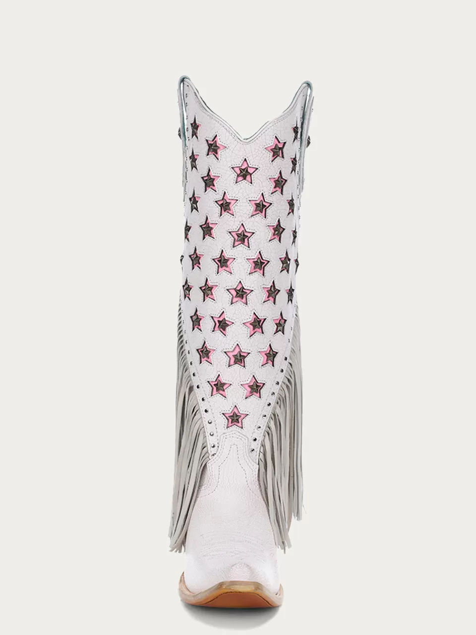 C4084 - WOMEN'S LUMINESCENT EMBROIDERY AND PINK STARS WITH LAMB FRINGE WHITE SNIP TOE COWBOY BOOT