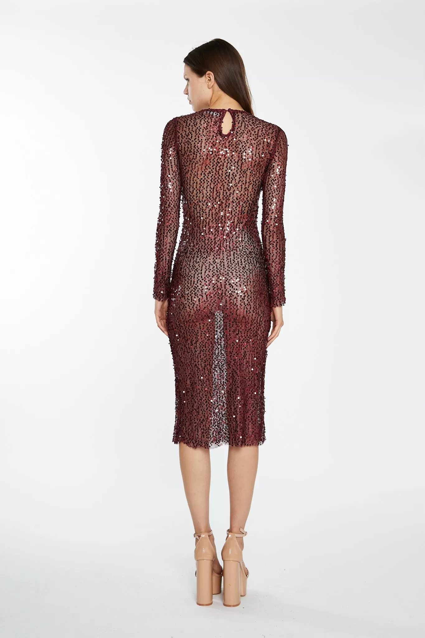 Cabernet Mesh-Sequin Long-Sleeve Midi-Dress