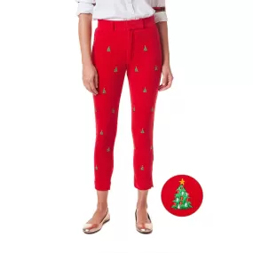 Castaway Beachcomber Corduroy Capri Pants - Crimson with Christmas Tree