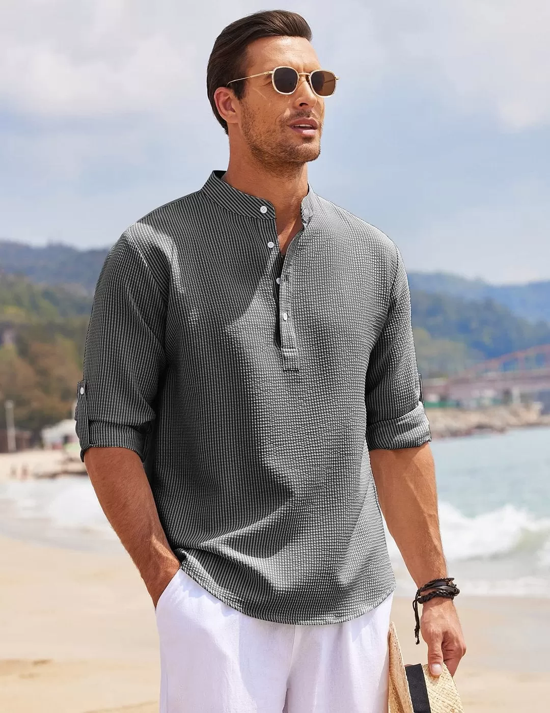 CASUAL RETRO 3/4 SLEEVE HENLEY SHIRT