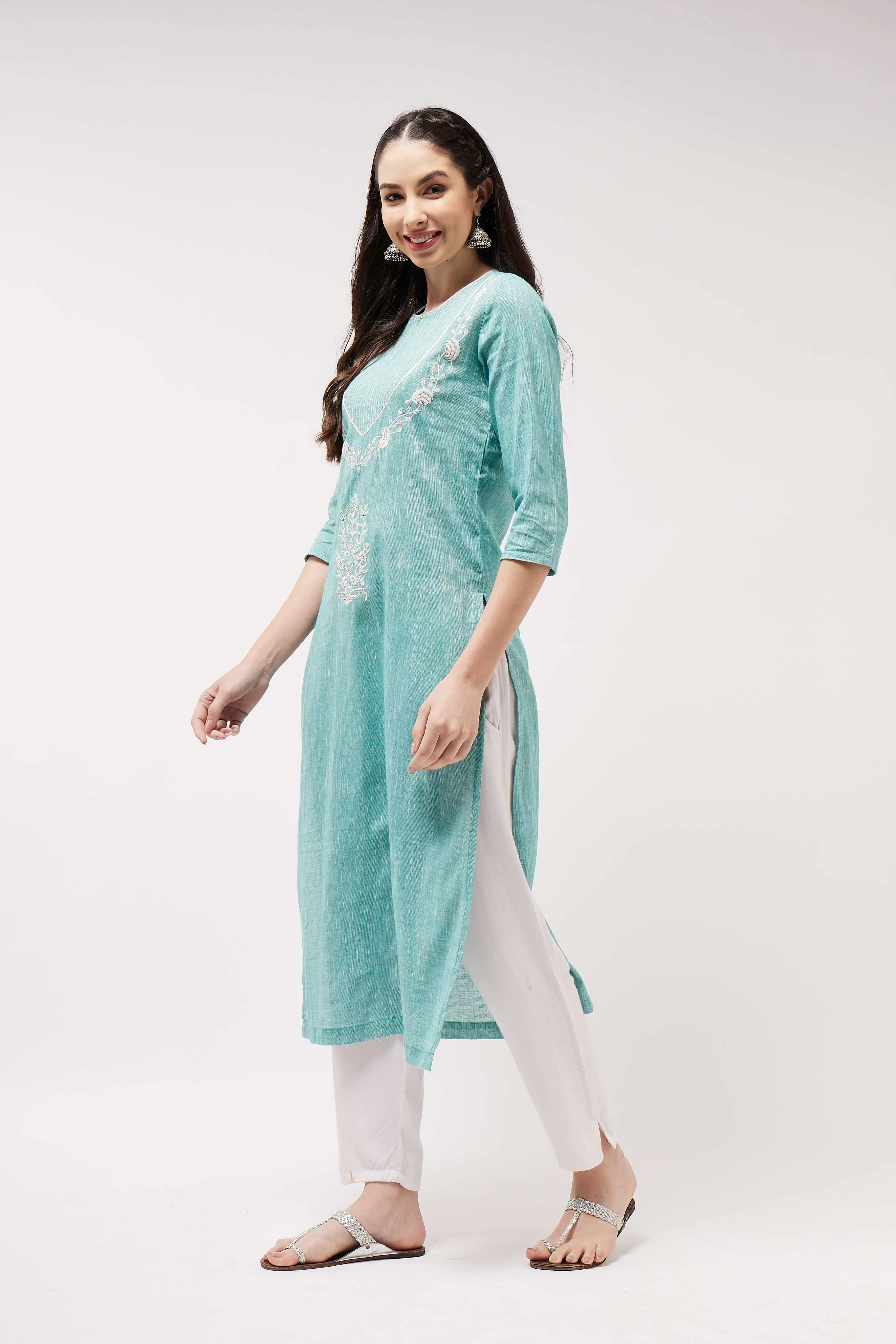 Chambray Embroidered Quarter Sleeves Kurta