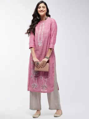 Chambray Floral Embroidered Kurta