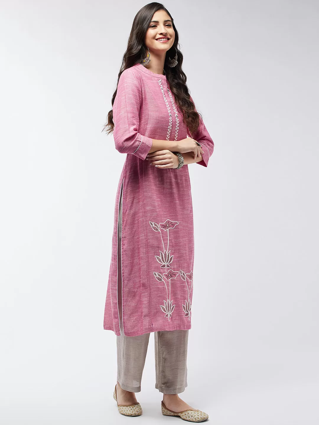 Chambray Floral Embroidered Kurta