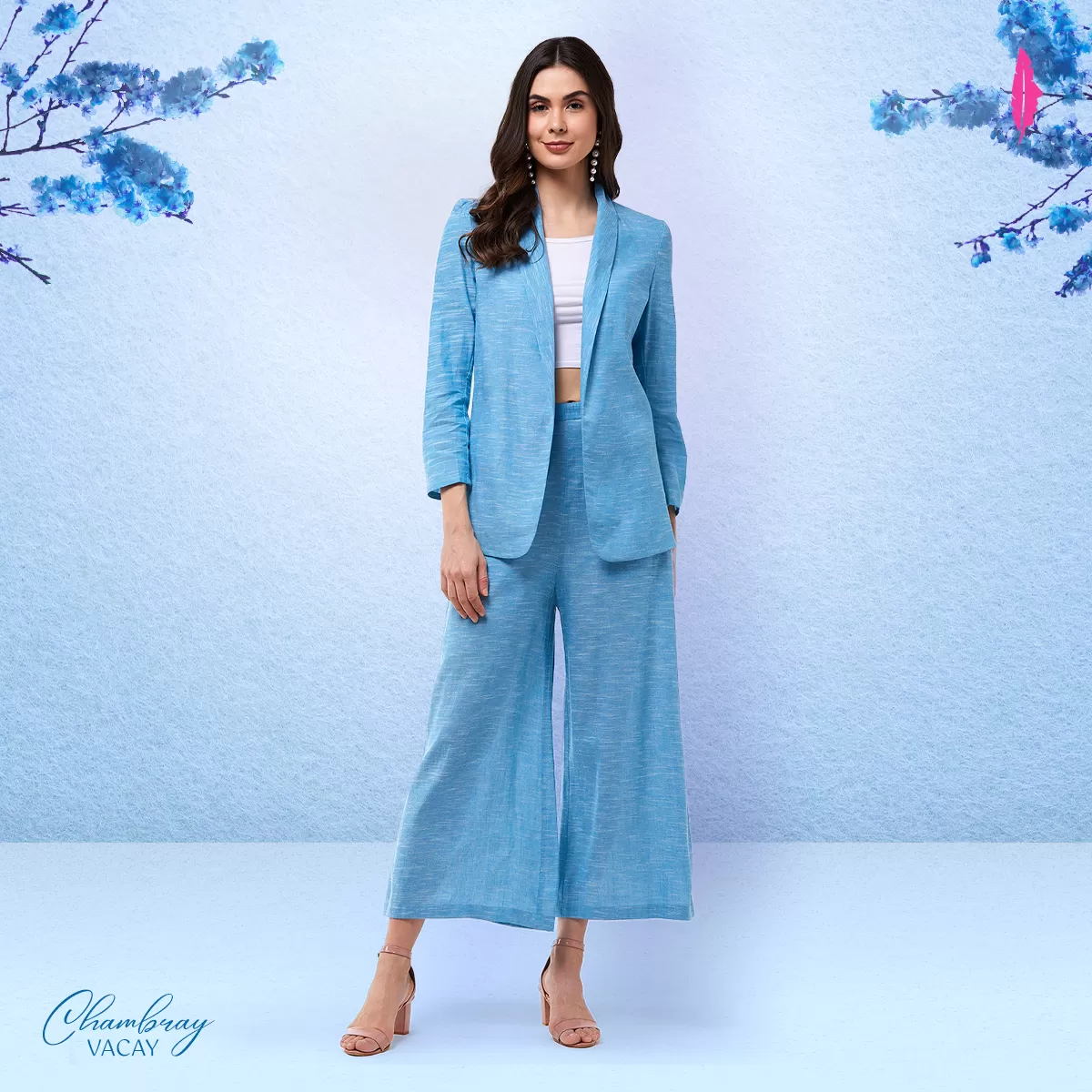 Chambray Long Blazer And Pant Set