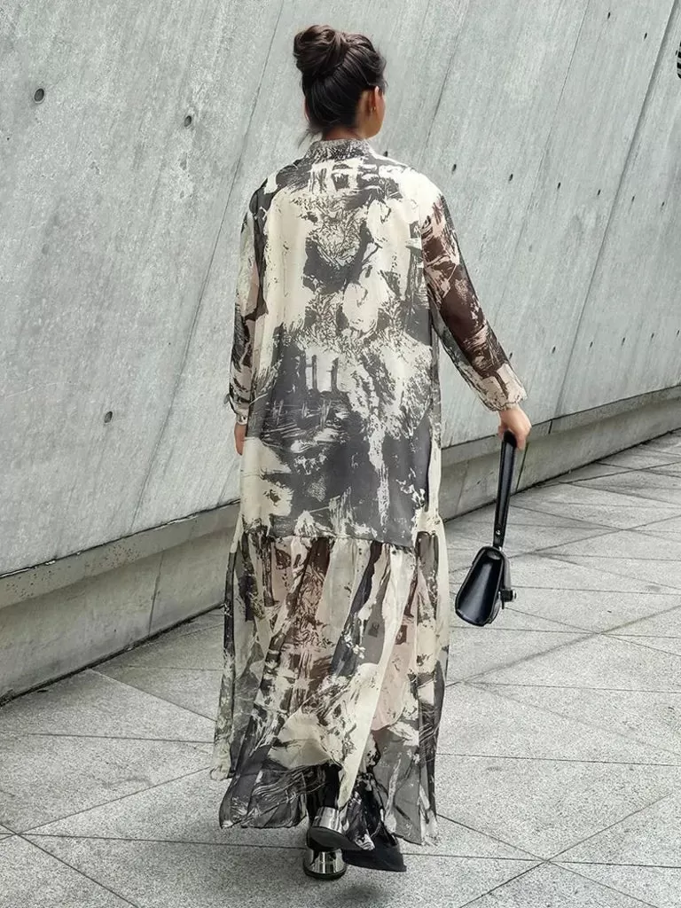 Chic Abstract Print Maxi Shirt Dress with Long Sleeves