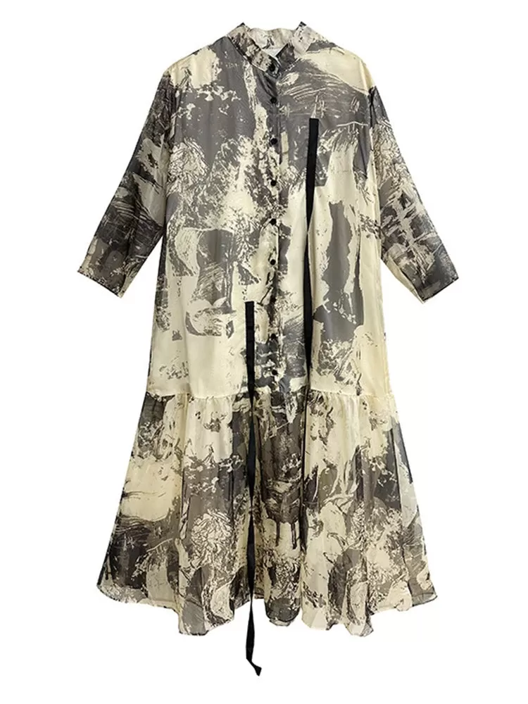 Chic Abstract Print Maxi Shirt Dress with Long Sleeves