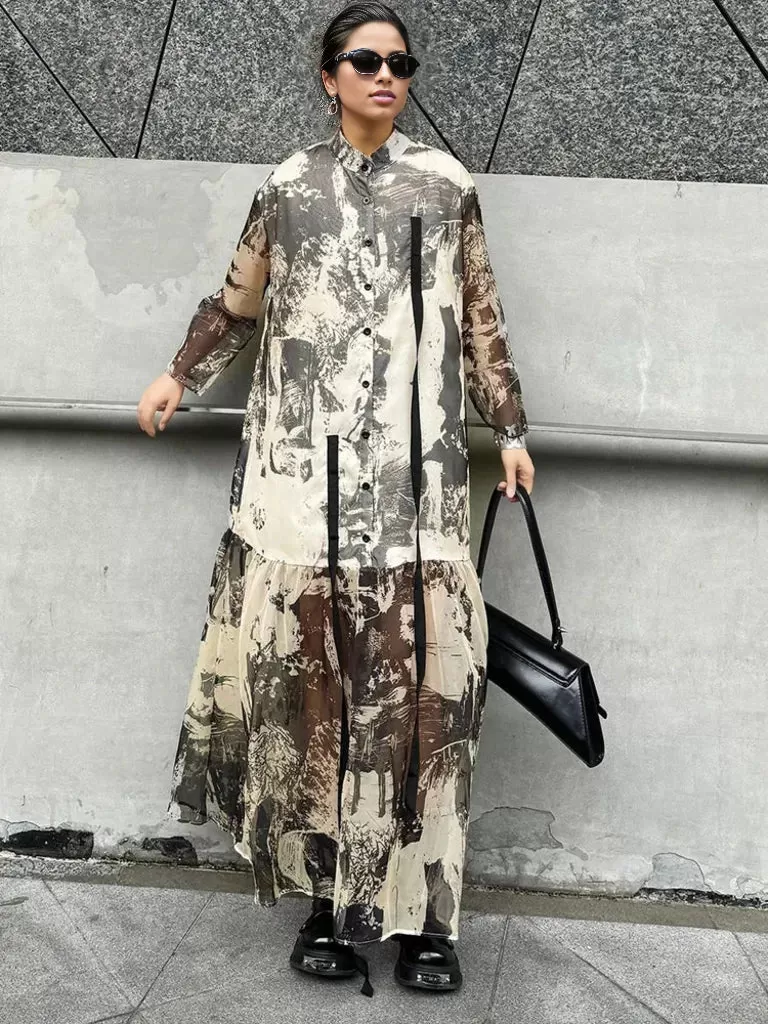 Chic Abstract Print Maxi Shirt Dress with Long Sleeves