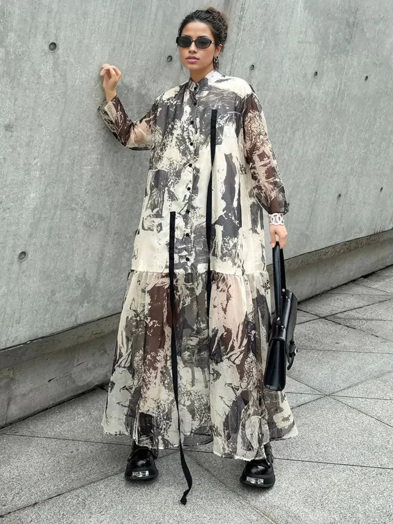 Chic Abstract Print Maxi Shirt Dress with Long Sleeves