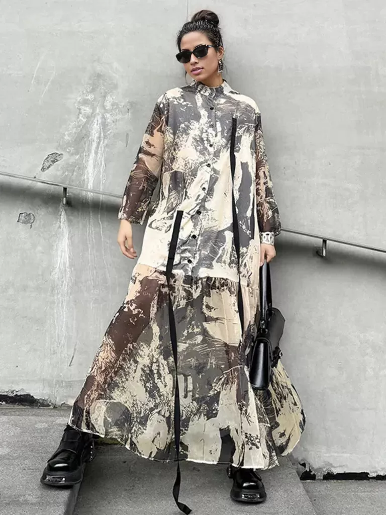 Chic Abstract Print Maxi Shirt Dress with Long Sleeves