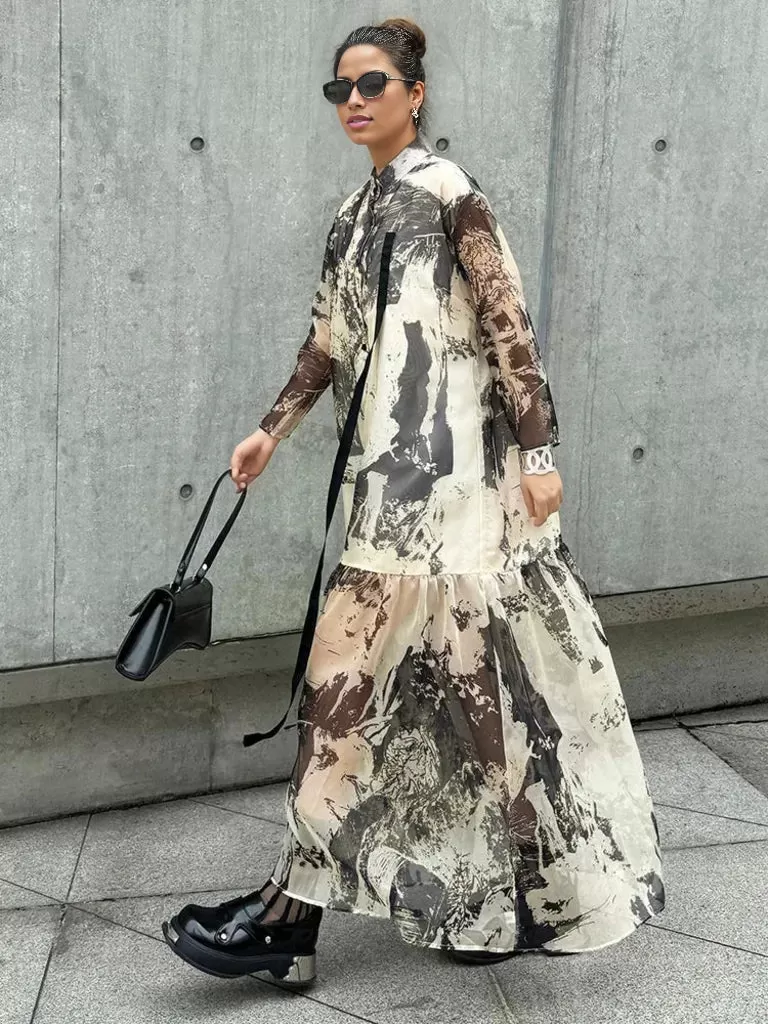 Chic Abstract Print Maxi Shirt Dress with Long Sleeves