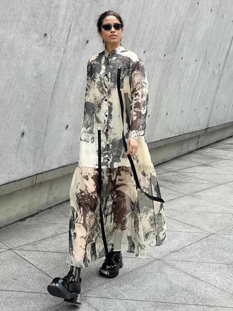 Chic Abstract Print Maxi Shirt Dress with Long Sleeves