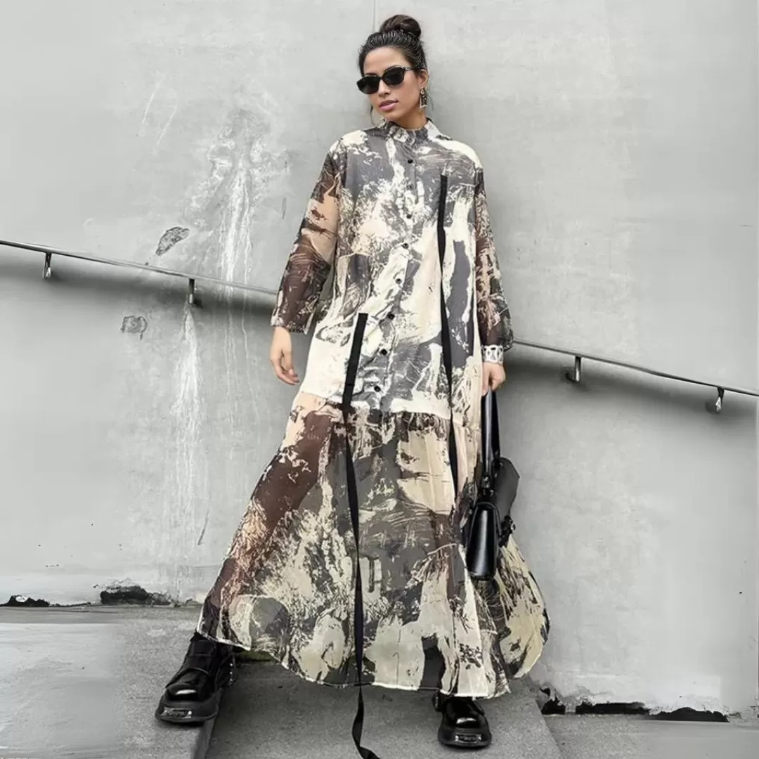 Chic Abstract Print Maxi Shirt Dress with Long Sleeves