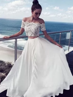 Chic Two Piece Prom Dress Ivory Lace Prom Dress #ER064