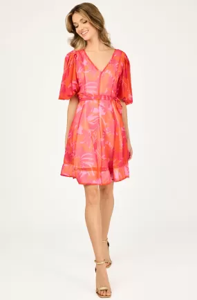 Chiffon Overlay Floral Belted Flair Dress