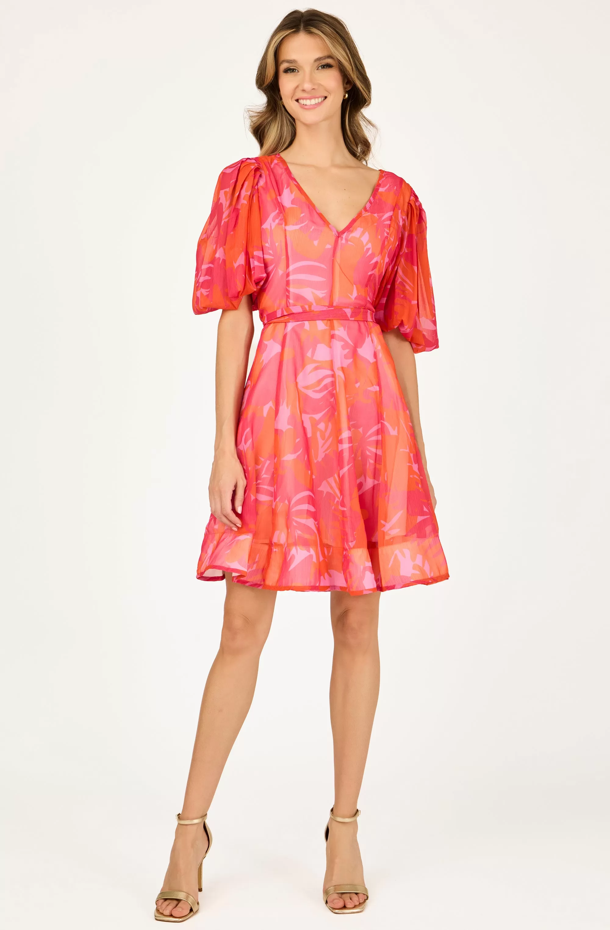 Chiffon Overlay Floral Belted Flair Dress