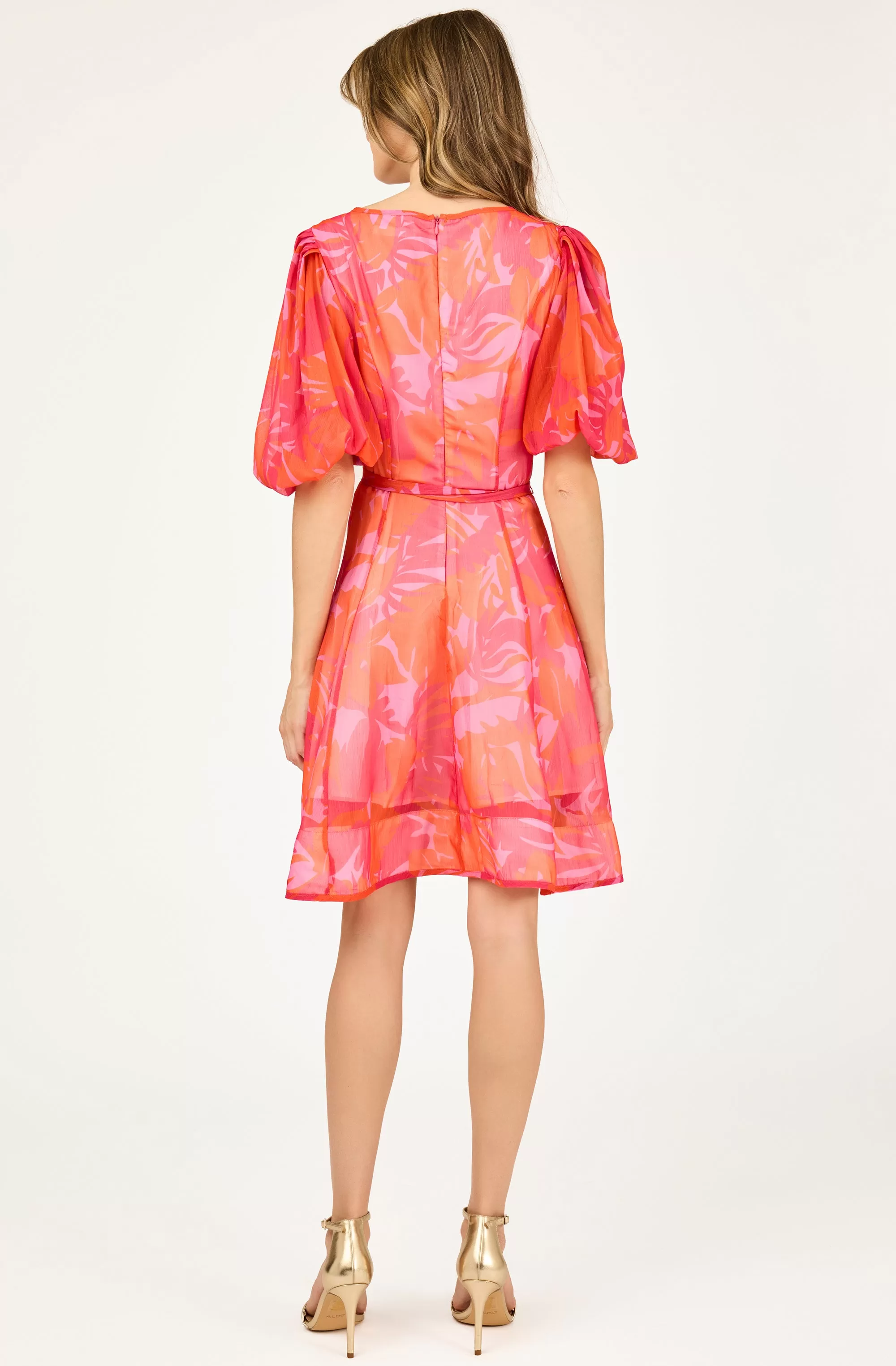 Chiffon Overlay Floral Belted Flair Dress