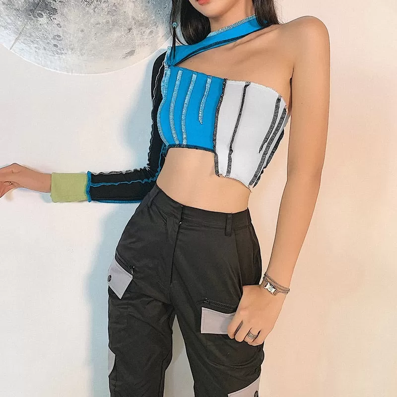 Colourblock One Shoulder Cut Out Top