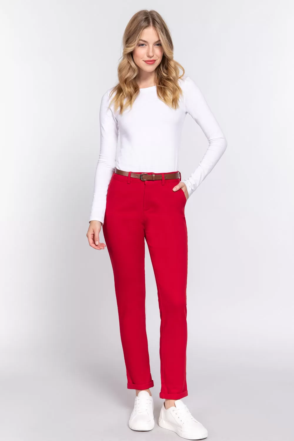 Cotton-span Twill Belted Long Pants