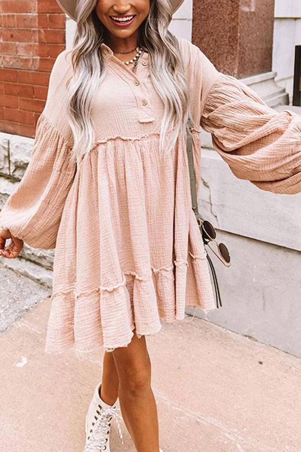 Crinkle Distressed Puff Sleeve Flared Dress