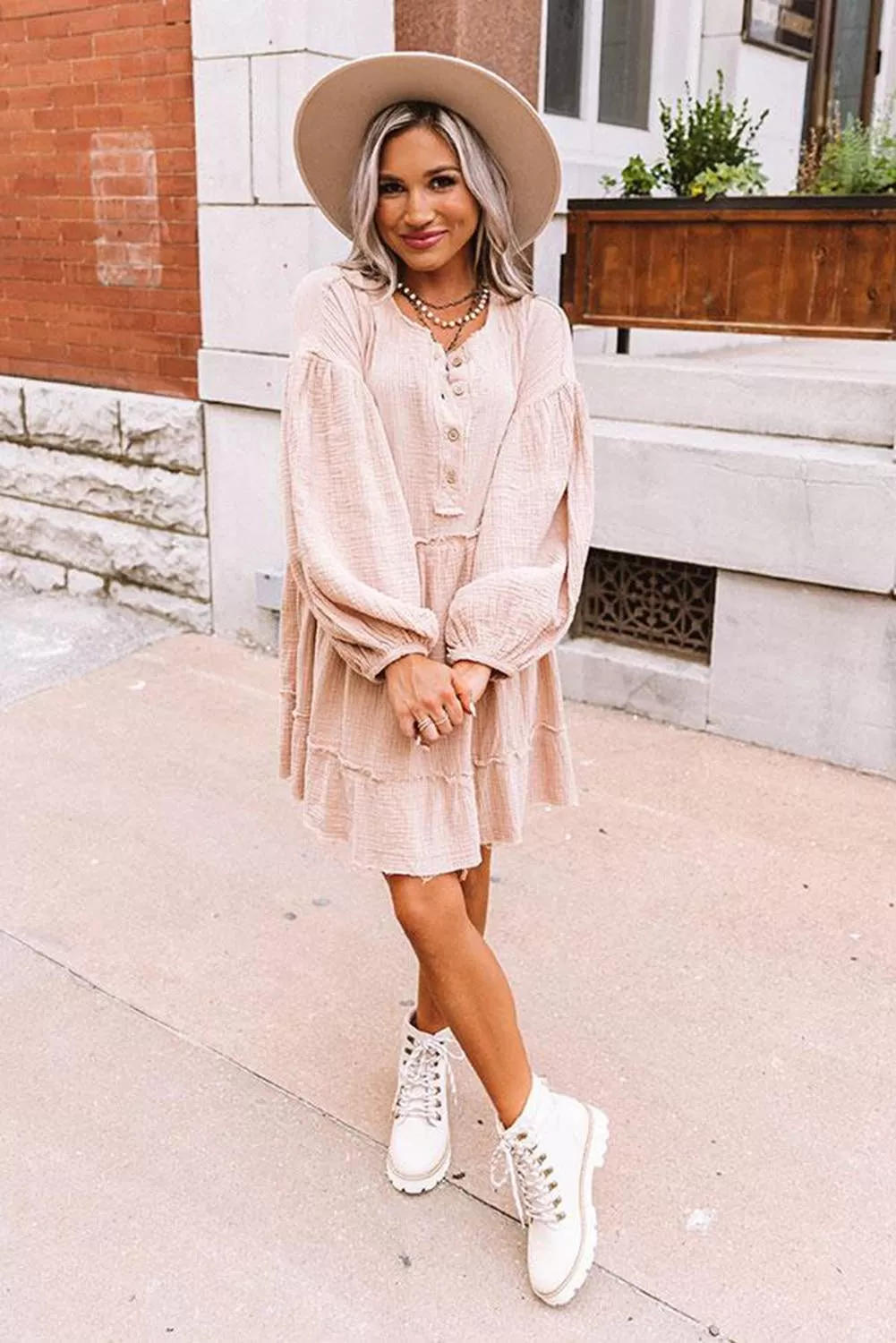 Crinkle Distressed Puff Sleeve Flared Dress