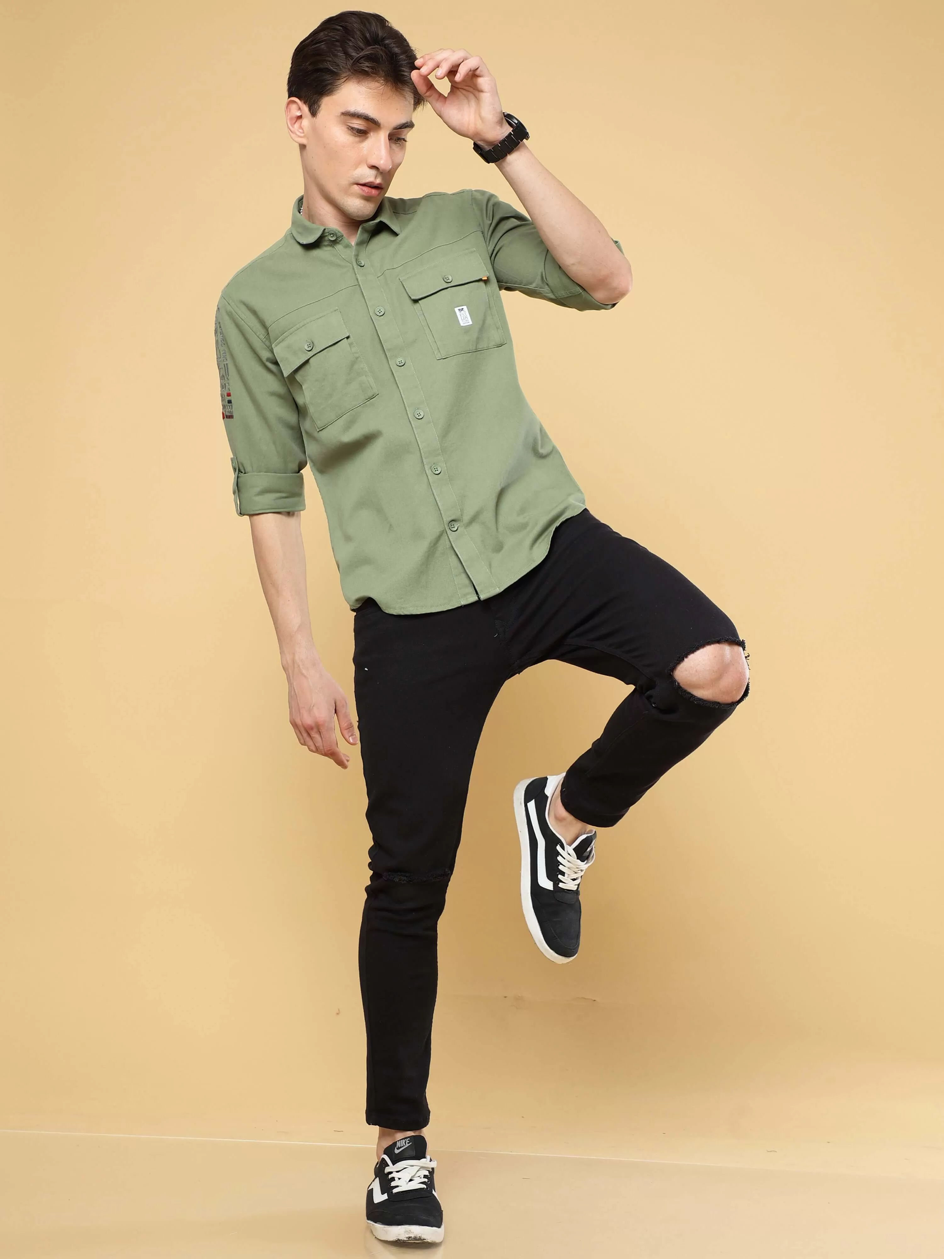 Crocodile Green Cargo Double Pocket Full Sleeve Shirt