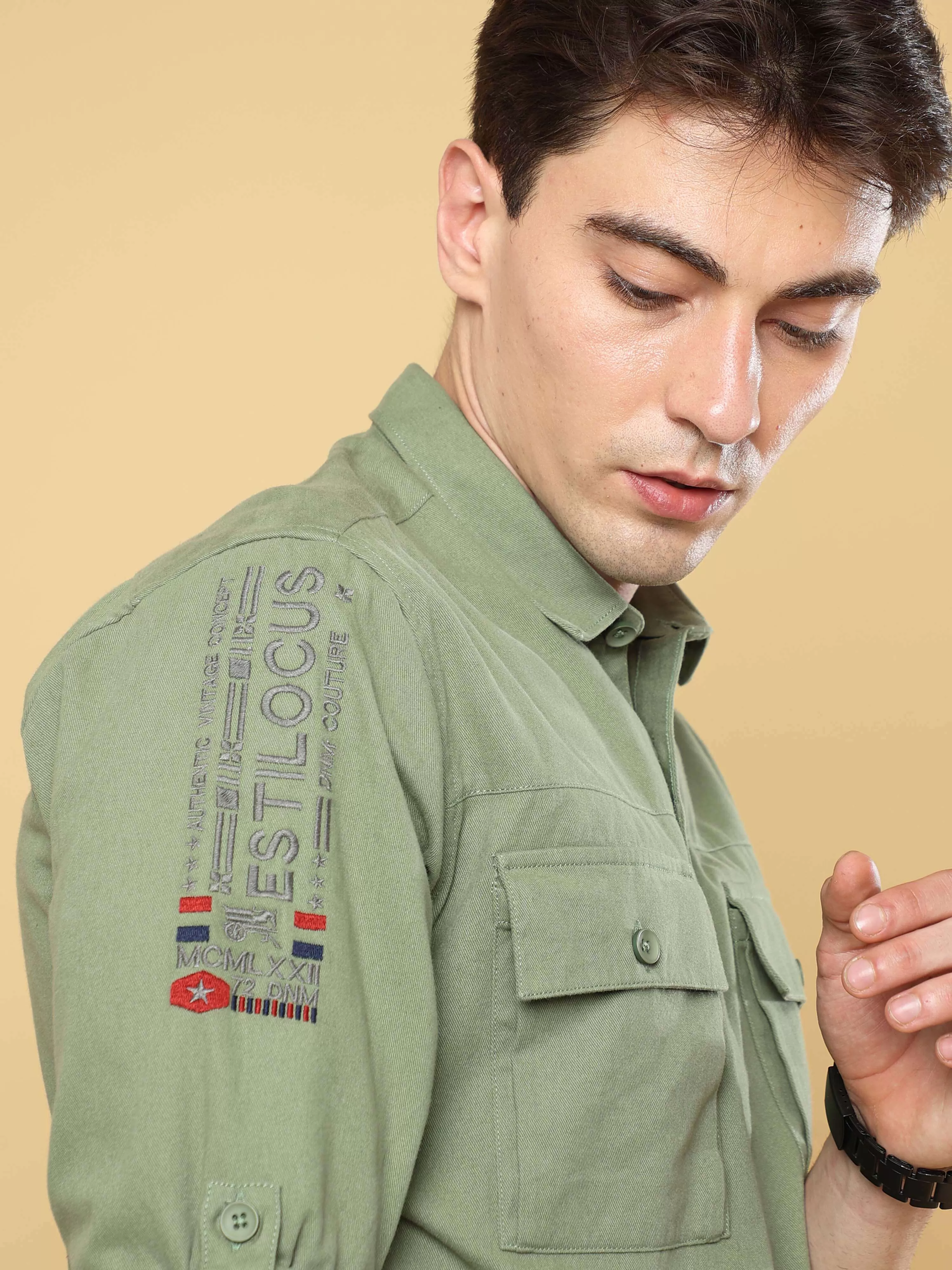 Crocodile Green Cargo Double Pocket Full Sleeve Shirt