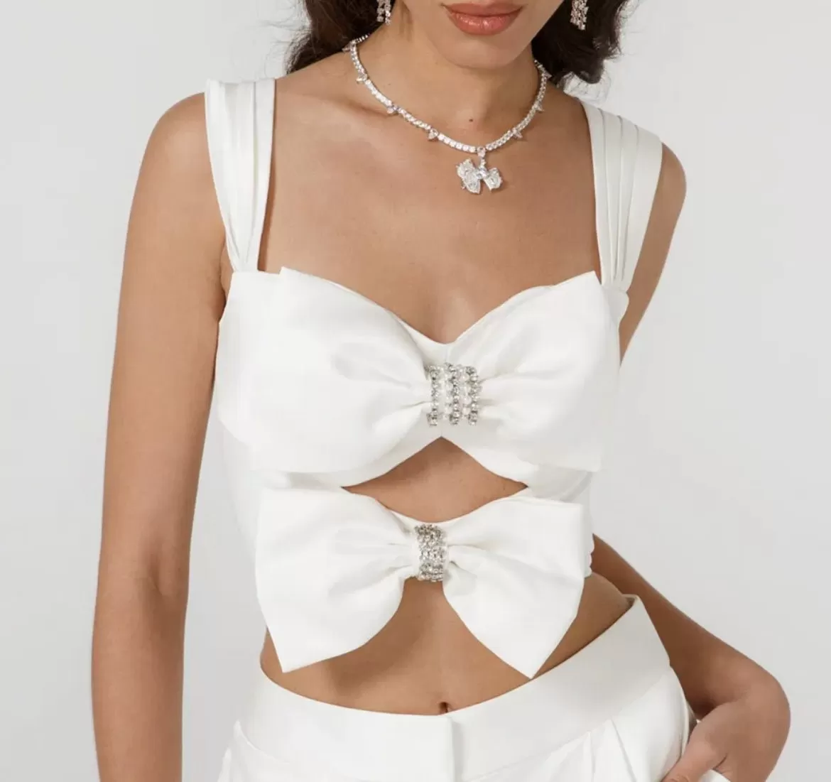 Crop satin smocked Diamond encrusted tank