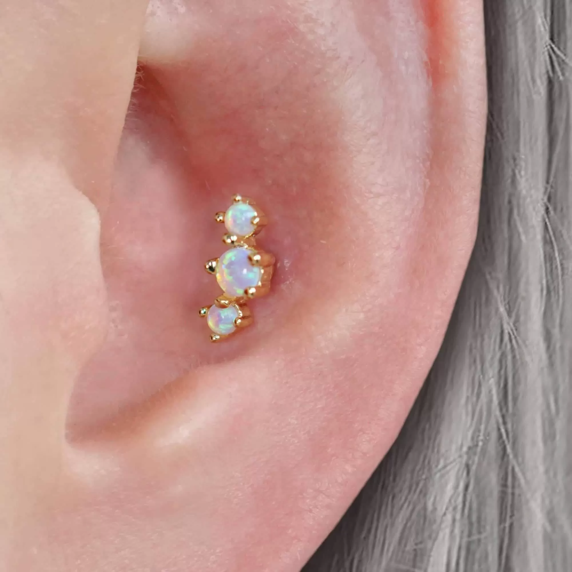 Curved Triple Pink Opal Prong Ball Back & Flat Back Cartilage Earrings