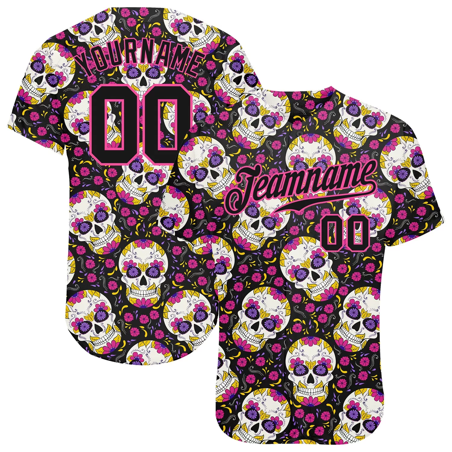 Custom 3D Pattern Halloween Skulls With Floral Authentic Baseball Jersey