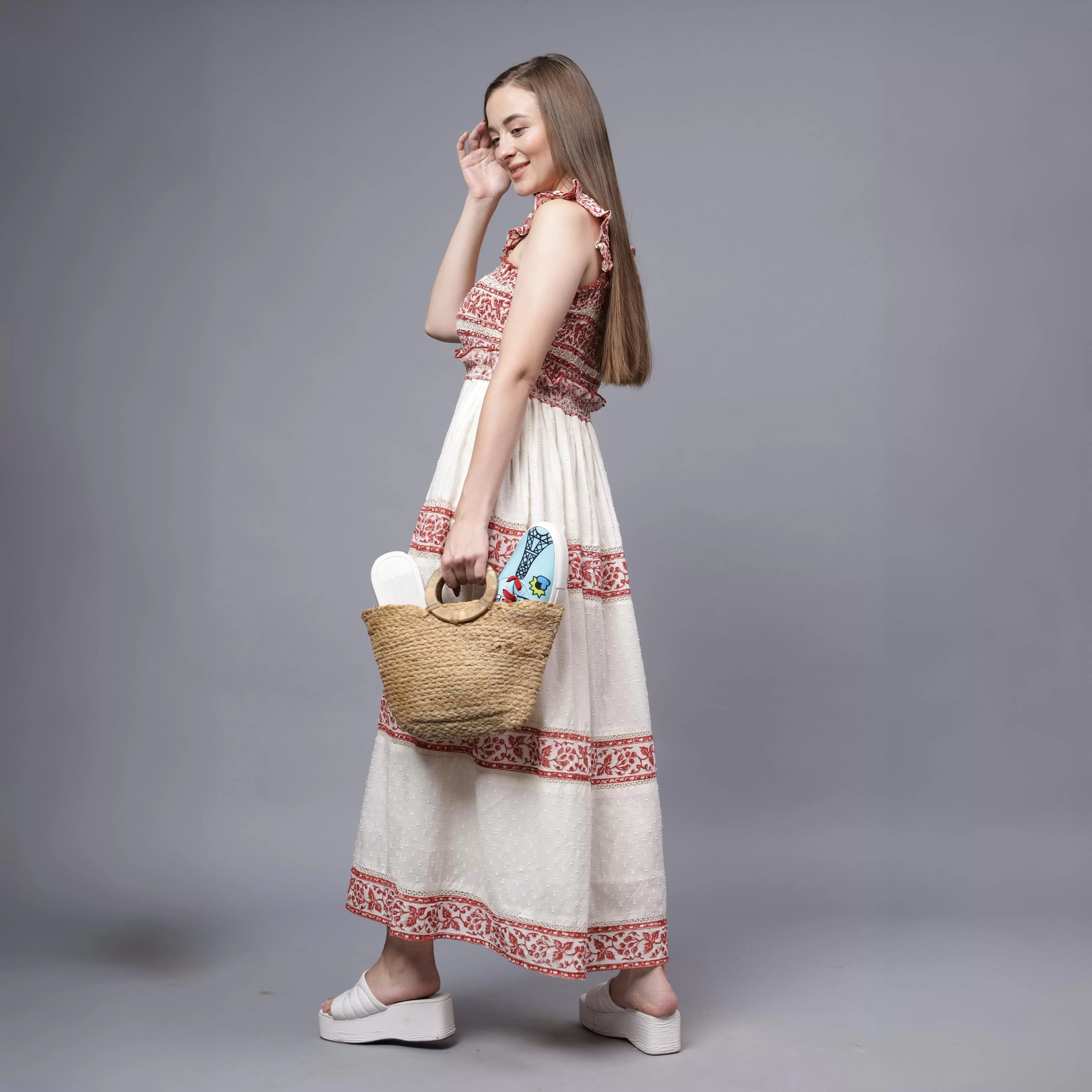 Daisyella Fit And Flare- Off White And Maroon Cotton Dobby Dress